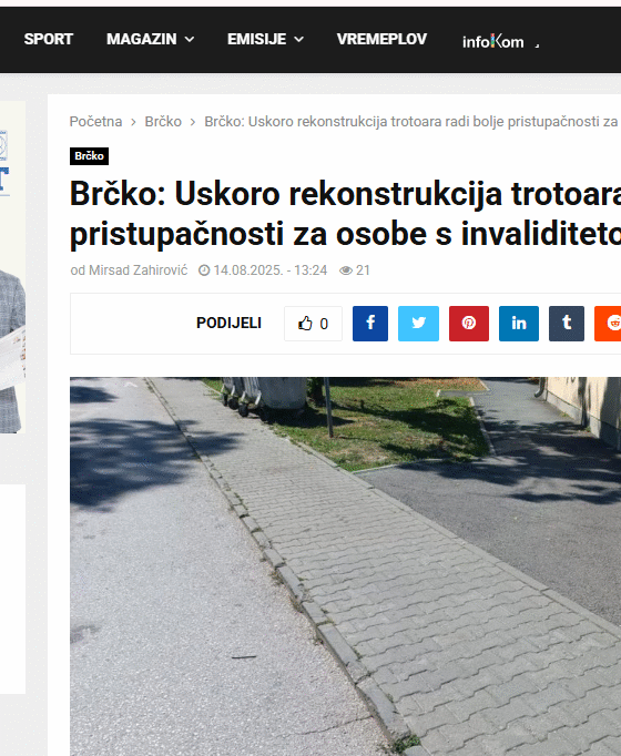 U cilju bolje pristupačnosti za osobe s invaliditetom, JP „Putevi Brčko“ u saradnji sa SEI projektom planira rekonstrukciju trotoara uz uklanjanje arhitektonskih barijera