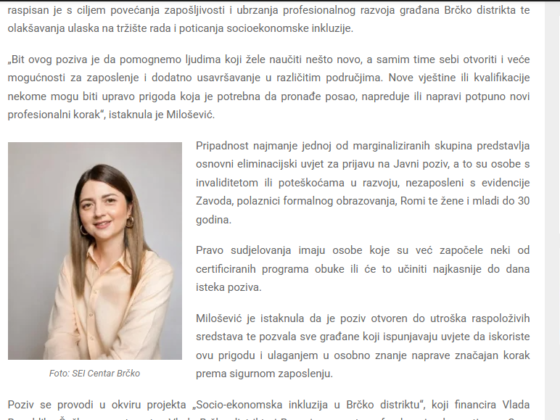 Portal Radio Brčko prenosi aktuelnu vijest o Javnom pozivu SEI projekta